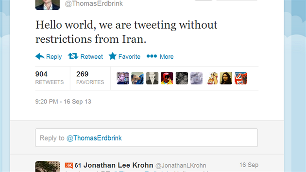 Thomas Erdbrink, reportr New York Times v Tehernu, informuje o tom, e se dostal na Twitter bez jakchkoli omezen. Zprva si zskala notn ohlas na socilnch stch a rncm gratulovali z celho svta.
