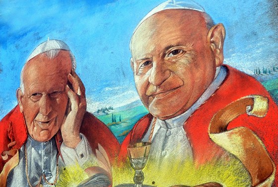 Papeové Jan Pavel II. (vlevo) a Jan XXIII. na nástnné malb v Itálii.