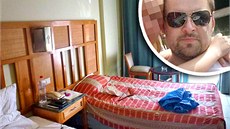 Hotelový pokoj v Egypt, ve kterém bydlí Petr Kramný (ve výezu)