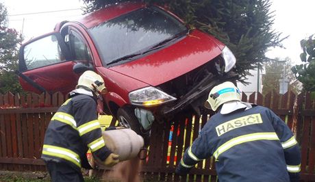 Citroen skonil po nehod ve Víchov na Tachovsku na strom, metr nad zemí.