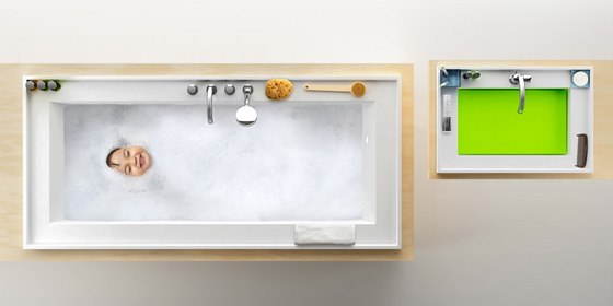 Koupelnový set Bath Gallery tvoí umyvadlo a voln stojící vana, zvýené lemy...