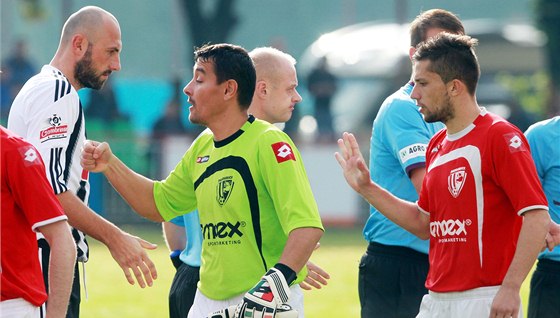 MUSEL DO BRÁNY. Martin Shejbal (ve lutozeleném dresu) se vrátil do pardubické branky kvli disciplinárním trestm pro gólmany Luka Frydrycha a Radka ihae.