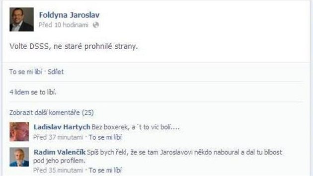 Hackei napadli facebookov profil severoeskho ldra SSD Jaroslava Foldyny a jeho jmnem zveejnili odkazy na lnky, fotky a videa s asto rasistickm obsahem.