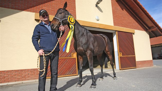 Dvojnsobn vtzka Velk pardubick, klisna Orphee des Blins, a jej trenr Grzegorz Witold Wroblewski ve stjch ve Zhoi u Jihlavy.