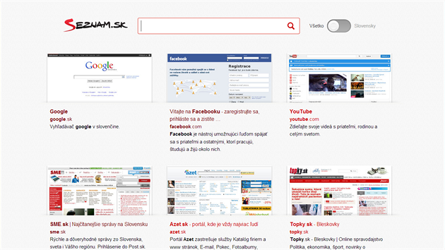 Na vodn strnce Seznam.sk najdete krom vyhledvacho polka i rozcestnk na est nejnavtvovanjch slovenskch strnek. Trochu pekvapiv je tak prominentn odkaz na Google.sk, co je pochopiteln konkurence Seznamu.