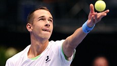 PODÁVÁM, ALE KONČÍM. Lukáš Rosol podává míč v semifinálovém souboji na... PODÁVÁM, ALE KONČÍM. Lukáš Rosol podává míč v semifinálovém souboji na...