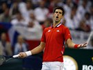 CO TO JE? Novak Djokovi se zlob bhem zpasu s Radkem tpnkem v Davis Cupu.