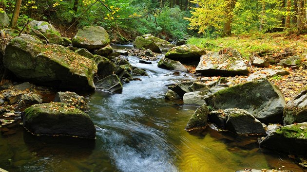Vtina toku Krounky je divok a nespoutan. Voda peskakuje v kaskdch pes kameny. 
