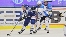 Plzeský hokejista Dominik Bohá dotírá na brnnského útoníka Jakuba Koreise.