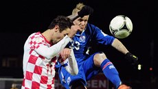 HLAVOU PROTI NOZE. Chorvat Darijo Srna (vlevo) svádí souboj s Islananem Arim