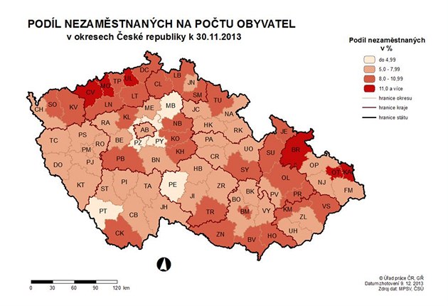 Nezamstnanost v esku v listopadu 2013 podle okres.