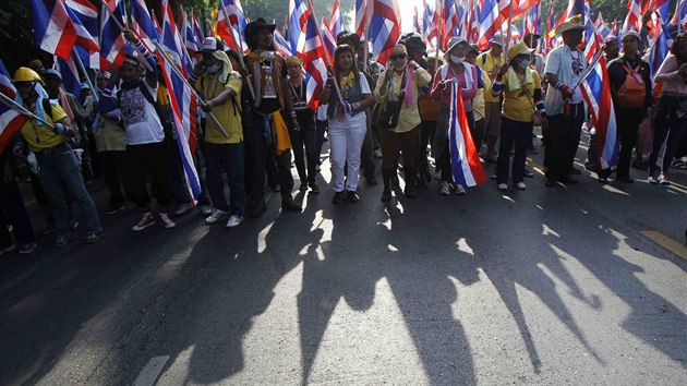 Podle odhad krelo Bangkokem na sto tisc demonstrant.  ada z nich se na pochod vybavila vlajkami (9. prosince 2013).