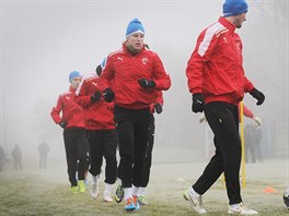 Plzetí fotbalisté bhem tréninku na zaátku zimní pípravy.