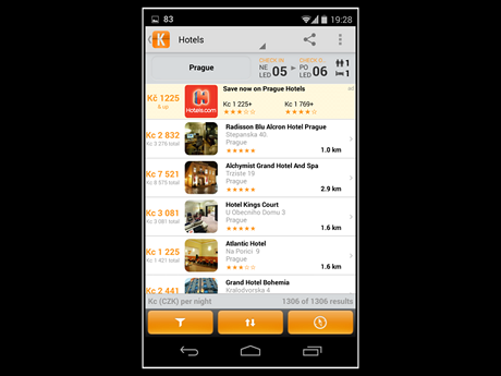 Hotely jsou seazen podle ceny, u kadho se zobrazuje i hodnocen.