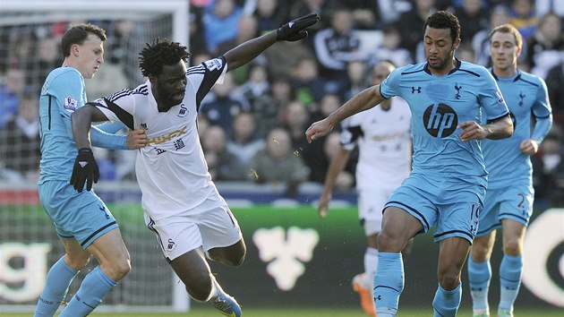 Swansea v duel s Tottenhamem nestaila. Jedin gl domcch vstelil Bony Wilfried (v blm). Host se vak trefili tikrt.