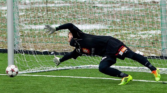 Hradecký gólman Petr Koubek inkasuje v duelu s Mladou Boleslaví branku z...