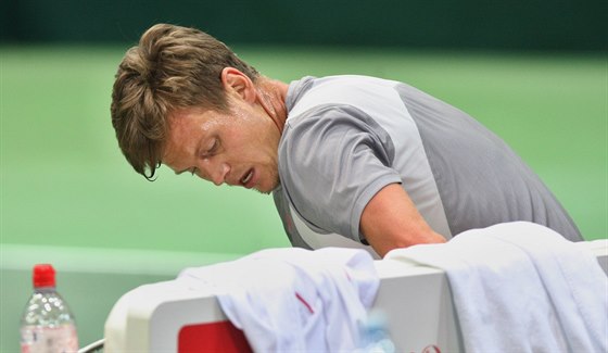 Tomá Berdych na prvním tréninku v Ostrav ped úvodním kolem Davis Cupu.