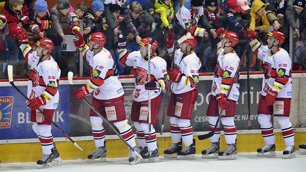 Hri HC Mountfield Hradec Krlov zdrav fanouky v Hradci po vyhranm utkn se kodou Plze (17.1.2014).