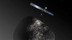 Ilustrace sondy Rosetta nad kometou urjumov-Gerasimenko