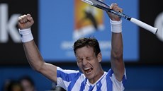 OKAMIK TRIUMFU. Tomá Berdych slaví postup do semifinále Australian Open. 