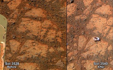 Zábry kamer vozítka Opportunity z 26. prosince (vlevo) a 8. ledna. Jasn je na...