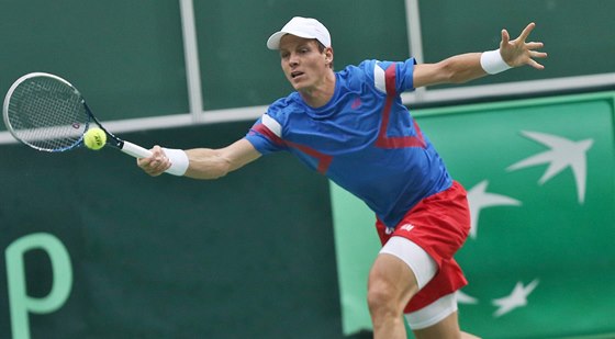 TOHLE MÁM. Tomá Berdych v Davis Cupu v utkání proti Nizozemsku. 