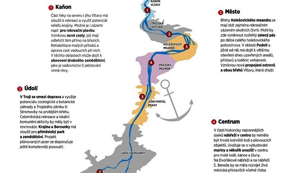 Mapka ukazuje, jak m Praha plny s jednotlivmi seky Vltavy.