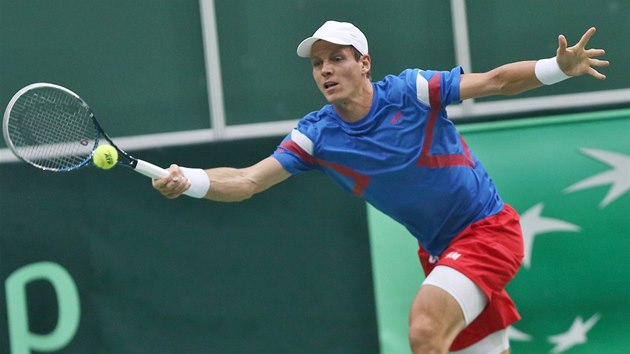 TOHLE MM. Tom Berdych v Davis Cupu v utkn proti Nizozemsku. 