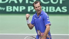 JOOO. Radek Štěpánek v utkání Davis Cupu proti Nizozemsku. JOOO. Radek Štěpánek v utkání Davis Cupu proti Nizozemsku.