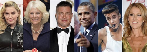 Madonna, vévodkyn Camilla, Brad Pitt, Barack Obama, Justin Bieber a Celine Dion