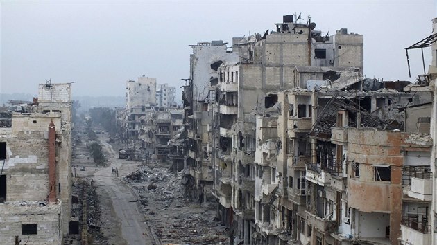 Rozbombardovan ulice Homsu (1. nora 2014)