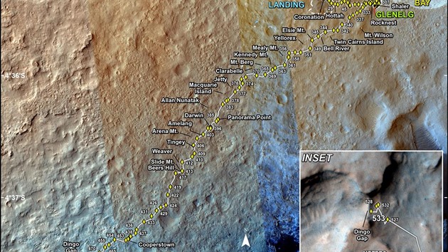 Mapa dosavadnho putovn Curiosity po Marsu. 2014