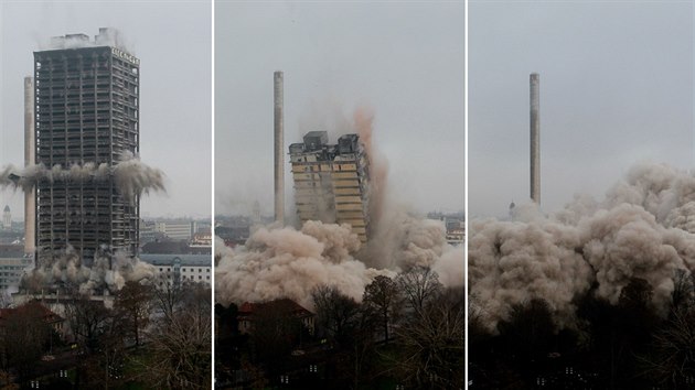 Na demolici 116 metr vysok budovy ve Frankfurtu nad Mohanem technici potebovali tunu vbunin.