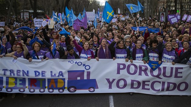 V Madridu protestovaly tisce lid proti nvrhu zkona, kter by zpsnil podmnky potrat. "Protoe j rozhoduji," stoj na velkm transparentu vpedu (Madrid, 1. nora 2014)