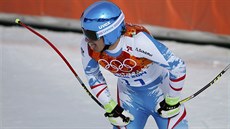 Rakouský lya Matthias Mayer v cíli olympijského sjezdu