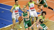 Momentka z basketbalového derby žen mezi brněnským IMOSem a Valosunem (zelená). Momentka z basketbalového derby žen mezi brněnským IMOSem a Valosunem (zelená).