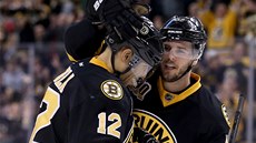 TVŮRCI GÓLU. David Krejčí (vpravo) děkuje spoluhráči z Bostonu Jeromu Iginlovi TVŮRCI GÓLU. David Krejčí (vpravo) děkuje spoluhráči z Bostonu Jeromu Iginlovi