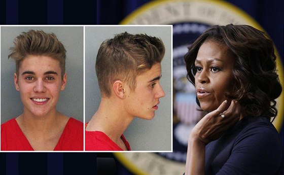 Justin Bieber na policejním snímku a Michelle Obamová