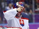 Slovenský gólman Jaroslav Halák práv inkasoval tetí gól v úvodním duelu se...