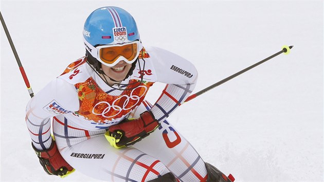 esk lyaka Klra Kov v cli slalomu v arelu Rosa Chutor. (10. nora 2014)