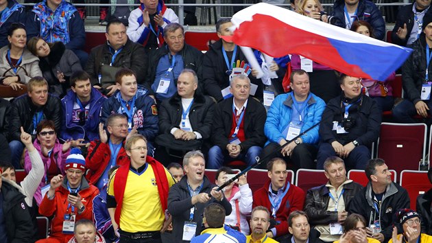 esk vlajka v hale Boloj Ice Dome pi vodnm utkn eskch hokejist proti vdsku. (12. nora 2014)