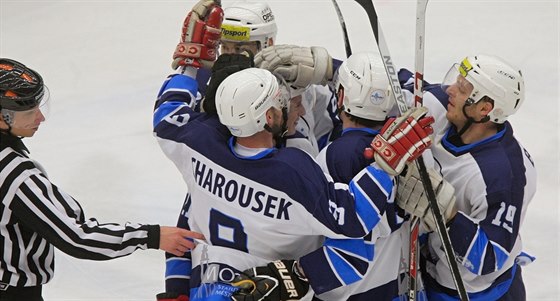 Mostetí hokejisté slaví gól do sít eských Budjovic.