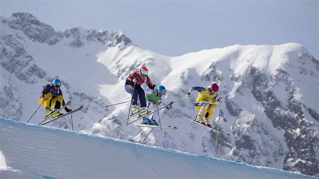 Francousk lya Jean Frederic Chapulis (v zelen vest) zvtzil v olympijskm zvodu skikrosa. Snmek je z jeho tvrtfinlov jzdy. (20. nora 2014)