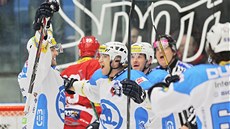 Hokejisté Plzn se radují z gólu v extraligovém utkání proti Slavii.