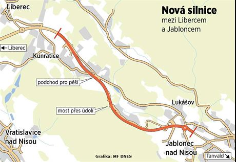 Trasa silnice mezi Jabloncem nad Nisou a Libercem. 