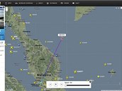 Zznam trasy letu MH370 spolenosti Malaysia Airlines. Dv hodiny pot, co...