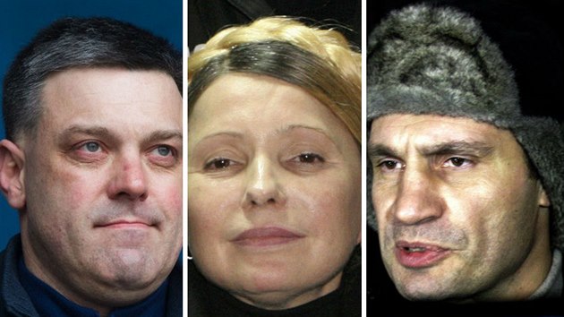 Zleva: éf strany Svoboda Oleh ahnybok, Julija Tymoenková a Vitalij Kliko.