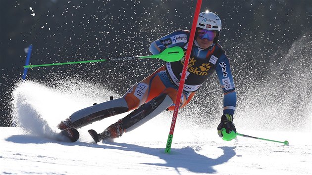 Henrik Kristoffersen na trati slalomu v Kranjske Goe.