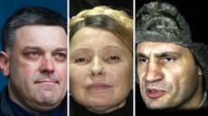 Zleva: šéf strany Svoboda Oleh Ťahnybok, Julija Tymošenková a Vitalij Kličko. Zleva: šéf strany Svoboda Oleh Ťahnybok, Julija Tymošenková a Vitalij Kličko.