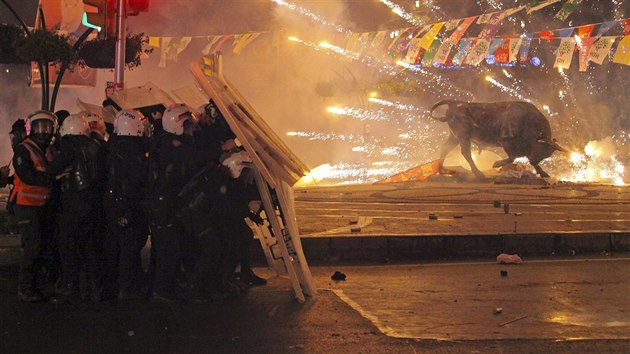 Protesty proti vld premira Erdogana, kter vypukly po pohbu patnctiletho chlapce Berkina Elvana (12. bezna 2014)